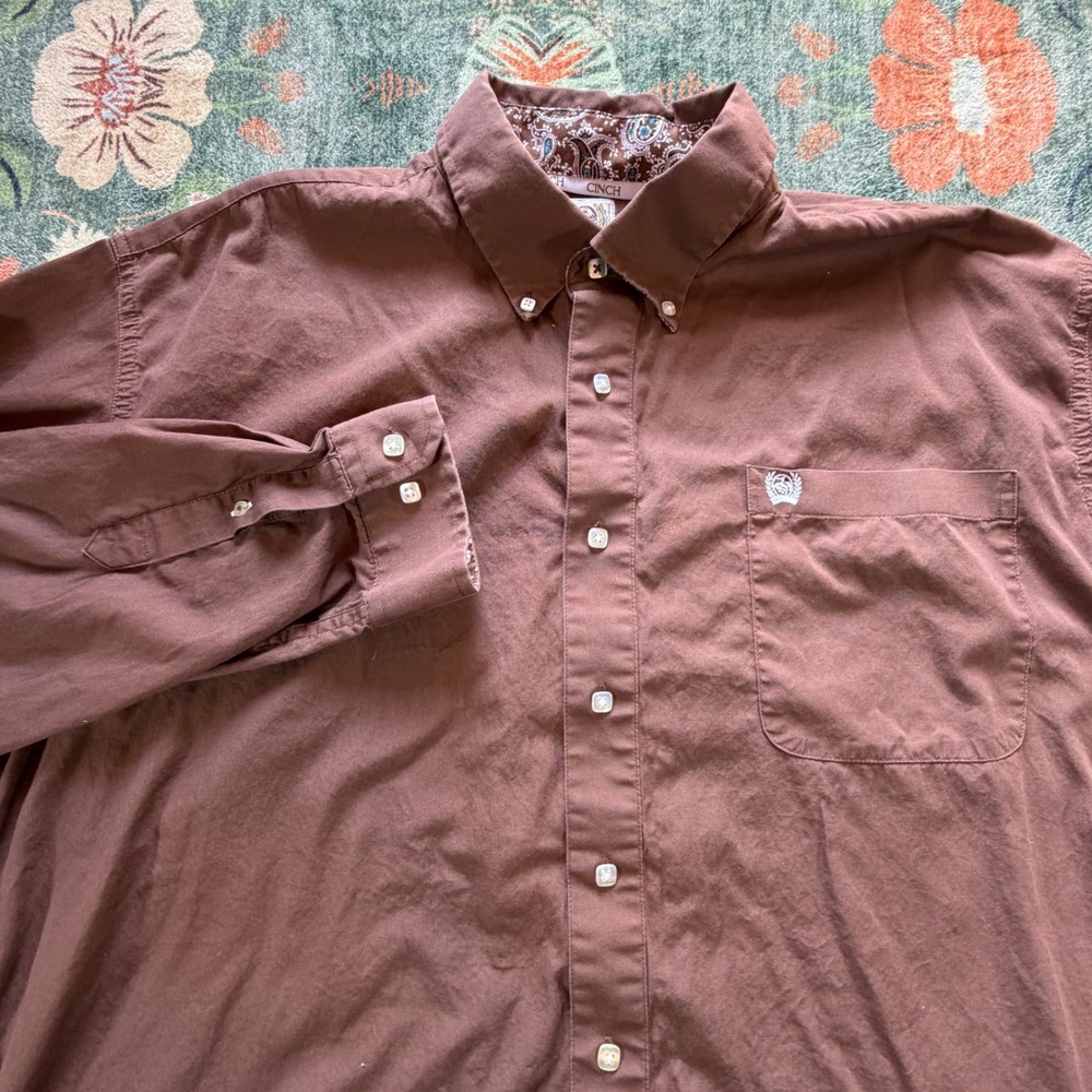 Cinch Mens Western Button Down Shirt Brown Cotton Paisley Trim Large MTW1104383